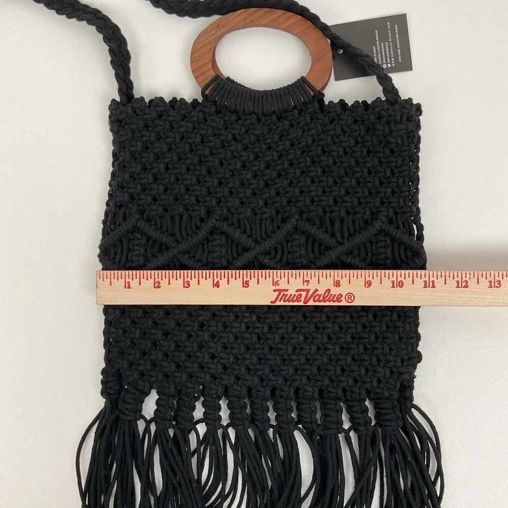 Danielle Nicole Black‎ Macrame Fringe Crossbody Shoulder Bag Boho Cottagecore